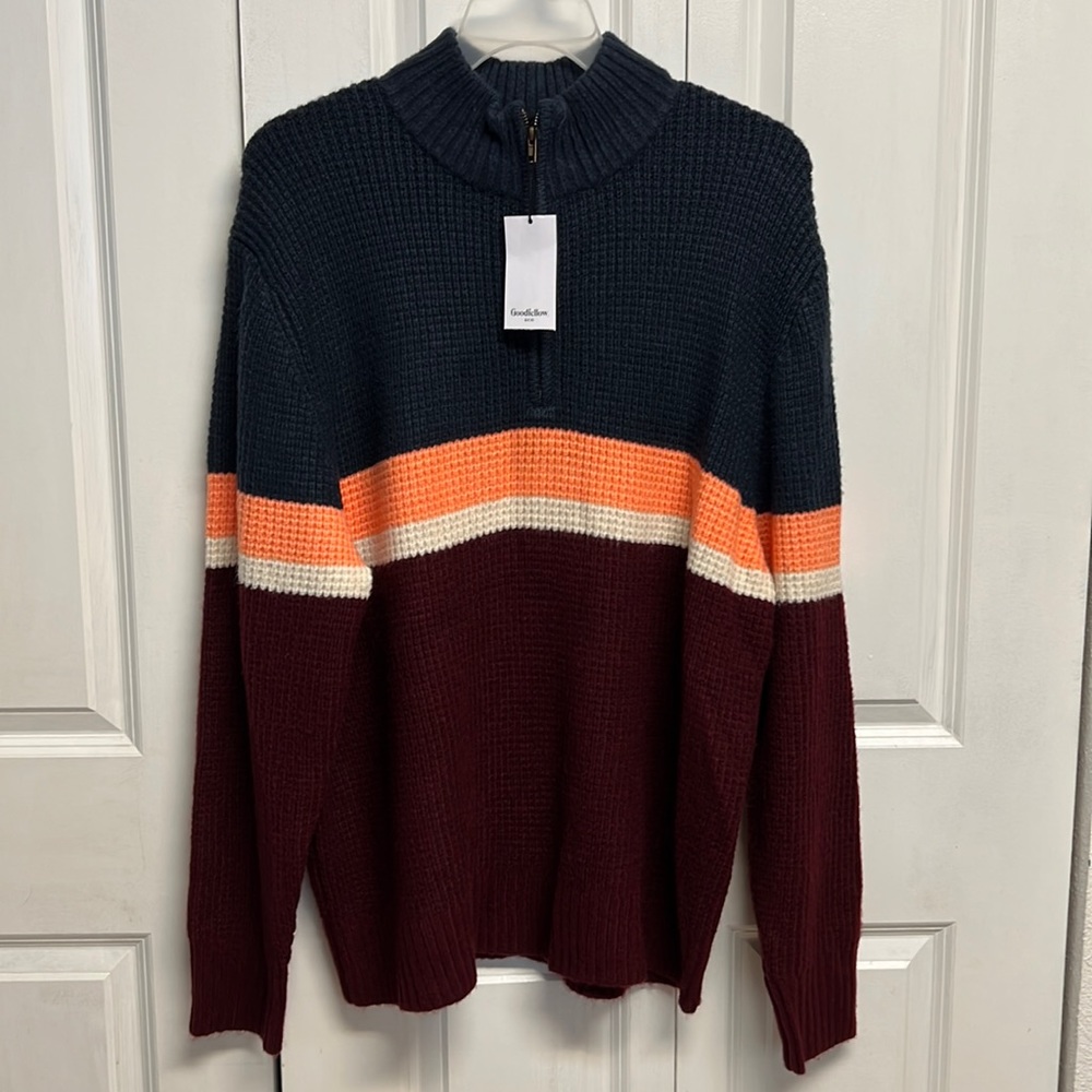 Good Fellow Burgundy Strip Acrylic Blend Zip Pull Over Sweater Mens Size XXL NWT